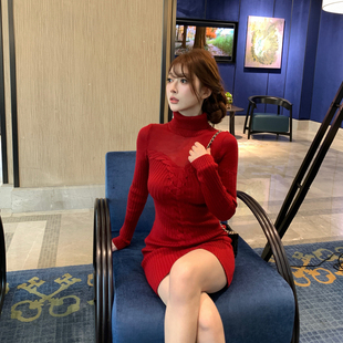 M900针织长袖 新年红高领包臀辣妹打底短裙 连衣裙女秋冬2025年新款