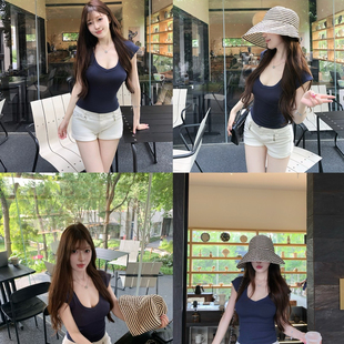 薄蓝色体恤修身 M900短袖 显瘦短款 爆款 小个子 t恤女夏上衣2025新款