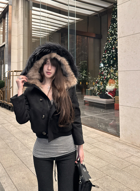 M900黑色短款外套女2026新款大毛领拼接设计感气质辣妹夹克秋冬