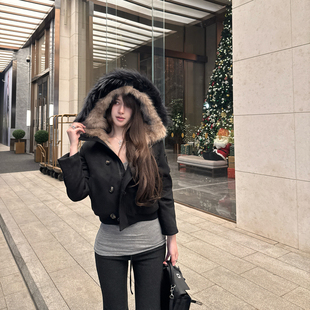 M900黑色短款 大毛领拼接设计感气质辣妹夹克秋冬 外套女2025新款