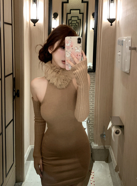 M900秋冬纯欲风毛绒领露肩针织裙修身包臀连衣裙辣妹内搭打底裙