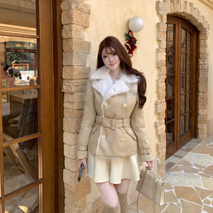 M900秋冬法式 皮衣 毛领麂皮绒外套女羽绒内胆收腰显瘦卡其色短款