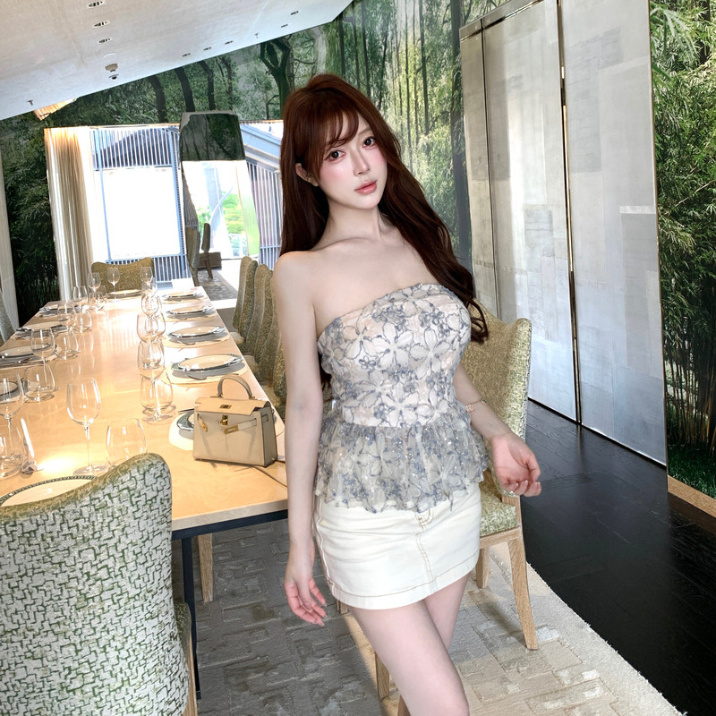 M900抹胸上衣女蕾丝网纱修身束腰短款设计感纯欲辣妹内搭外穿上衣