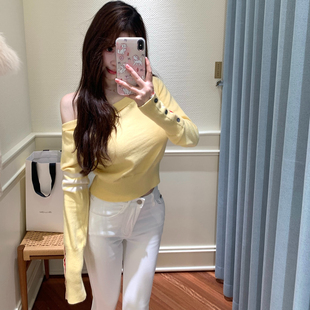 斜肩上衣t恤短款 内搭高级感长袖 辣妹露肩 女2025年新款 M900打底衫