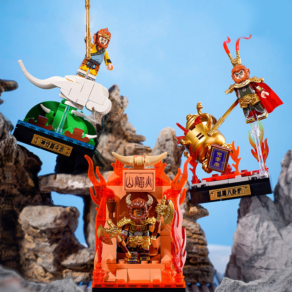 潮奇趣国潮西游记孙悟空猪八戒唐僧人仔场景男小颗粒积木兼容乐高