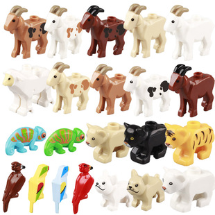 森林探险动物积木集合鲨鱼鹦鹉山羊老虎狗熊小颗粒拼插益智玩具