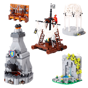MOC中古海盗木筏凉亭喷泉铁匠人仔场景建筑小颗粒积木兼容