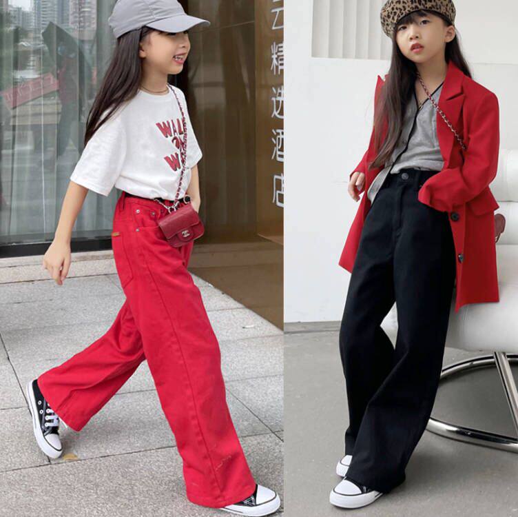 豆丁儿童纯棉软牛仔裤宽松休闲直筒裤子黑色春秋洋气新款女童红色