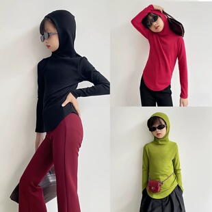 豆丁奇遇儿童秋冬红色连帽针织打底衫女童长袖连帽衫大童女T恤潮