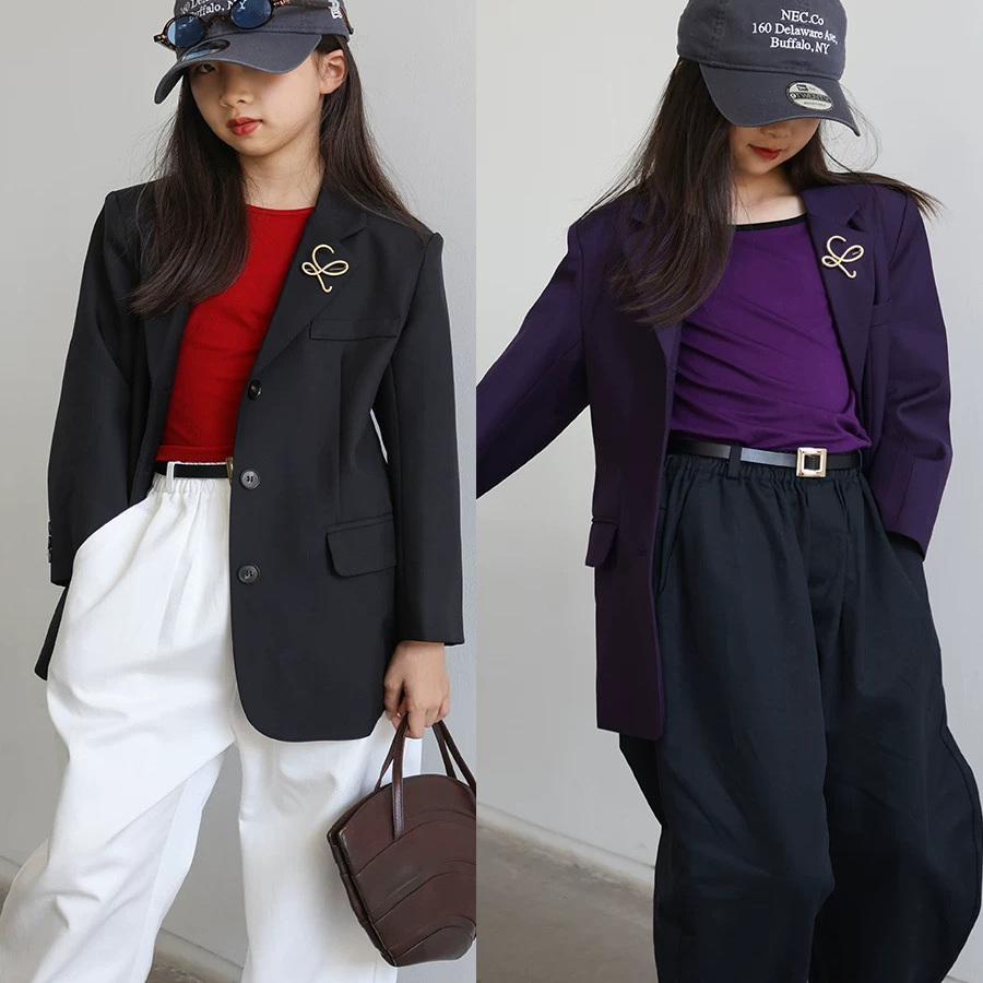 豆丁奇遇韩国春秋款黑色西装外套男女童百搭西服大童亲子装上衣潮