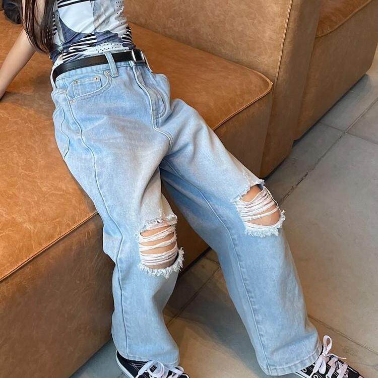 豆丁儿童水洗软牛仔裤春季浅蓝色破洞长裤宽松直筒阔腿裤韩版女童