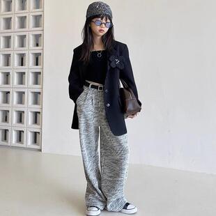 豆丁奇遇儿童时髦灰色条纹西装英伦韩版黑色外套大童男女童小西服