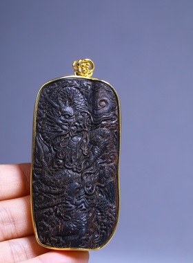 沉水级文莱沉香雕件雕刻龙牌镶嵌K金29.17克挂件挂坠吊坠