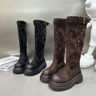 ins潮靴2025新款厚底马丁靴女高筒靴不过膝复古擦色长靴机车靴子