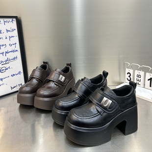 英伦风单鞋 增高乐福鞋 女2026新款 超高跟9cm粗跟魔术贴厚底松糕鞋