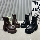 气质女靴秋冬加绒棉鞋 新款 10CM粗跟厚底短靴防水台真皮高跟马丁靴
