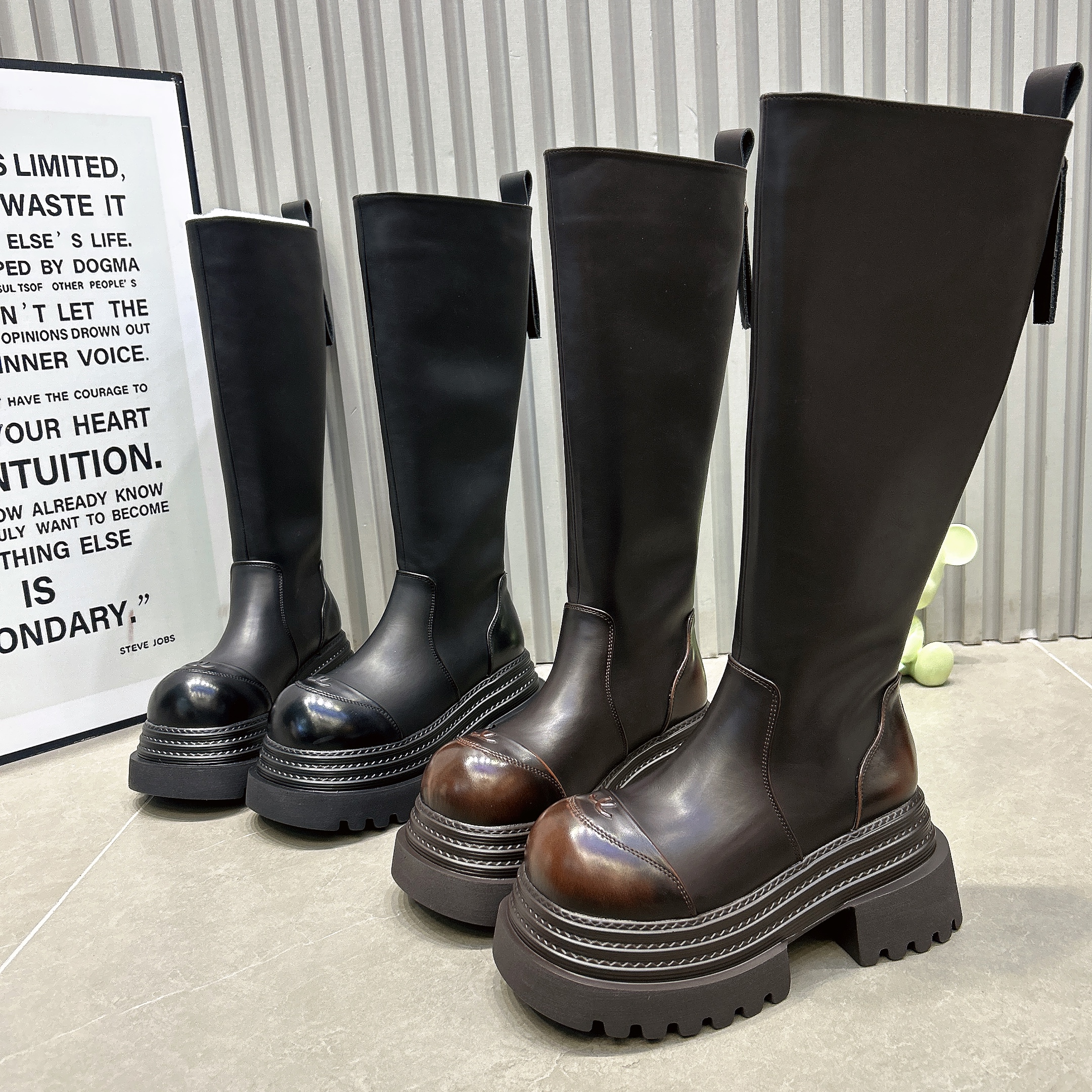 欧货三层底厚底松糕加绒款小个子7cm不过膝靴机车长筒靴走秀女鞋