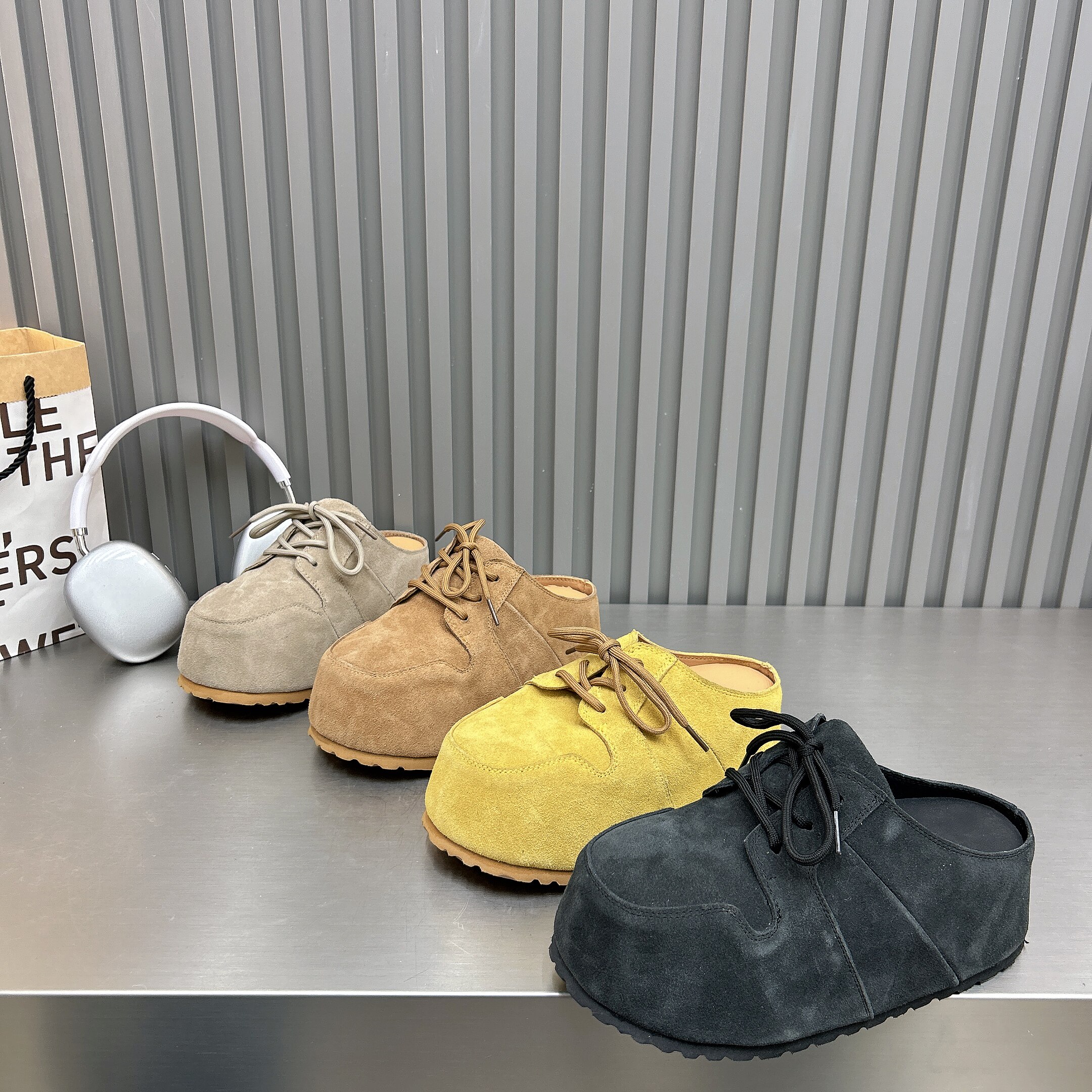 欧货真皮2026春新款厚底系带大头勃肯拖鞋女圆头小个松糕休闲鞋潮