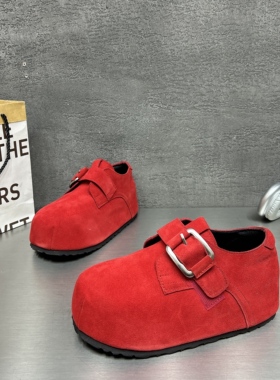 红色2026春新款真皮勃肯鞋女厚底增高休闲卡皮巴拉一脚蹬懒人单鞋
