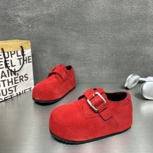 红色2026春新款真皮勃肯鞋女厚底增高休闲卡皮巴拉一脚蹬懒人单鞋