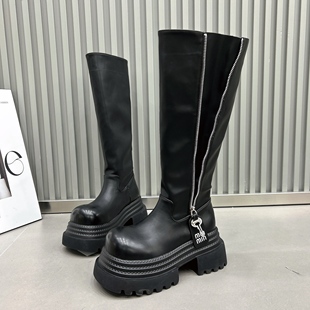 加绒大筒围马丁靴厚底松糕小个子8cm不过膝靴机车长筒靴高筒女鞋