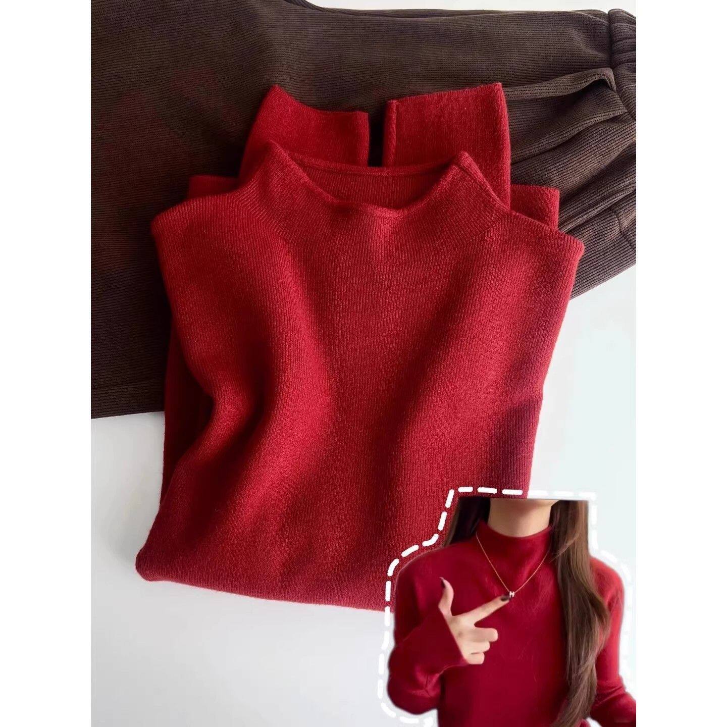 秋冬圣诞新年好运红色毛衣女叠穿小立领内搭针织上衣氛围感打底衫