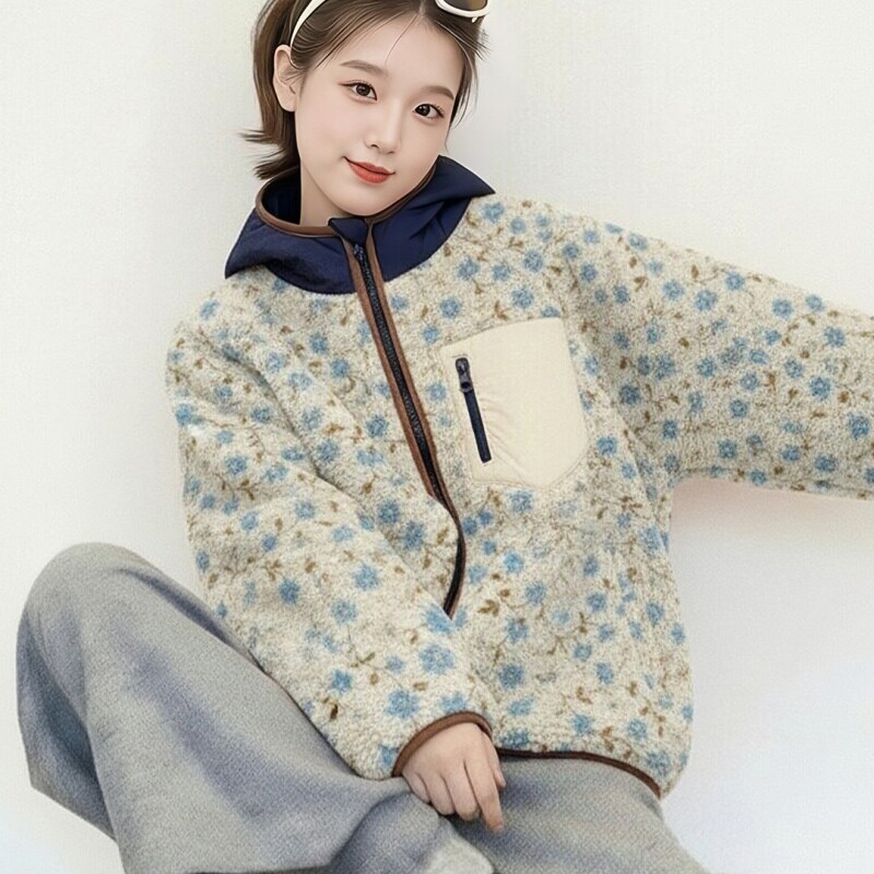 2026冬季新款韩版小个子短款连帽棉服女宽松时尚休闲夹棉碎花外套
