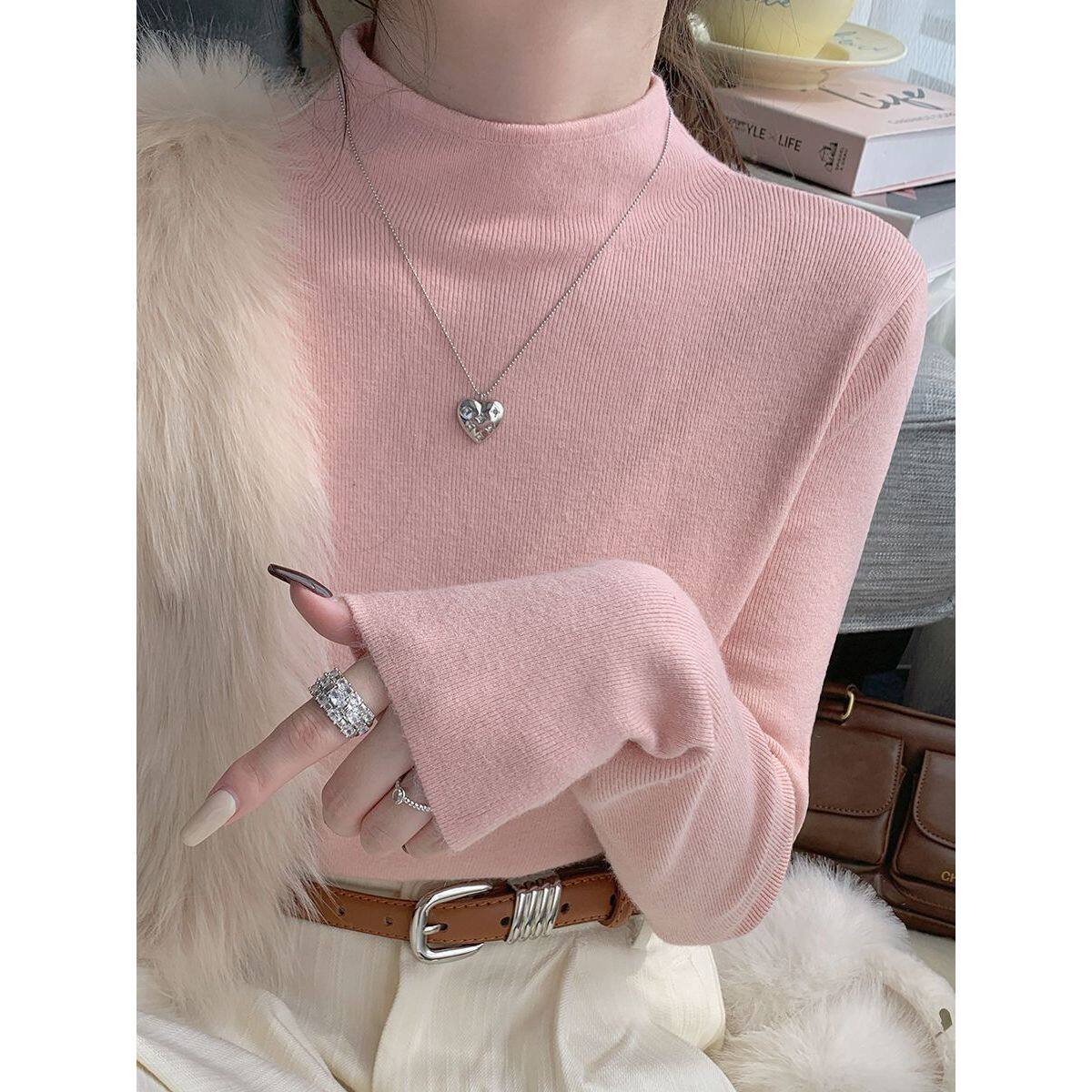 韩系花粉色半高领显瘦打底衫女秋冬软糯叠穿内搭毛衣保暖针织上衣