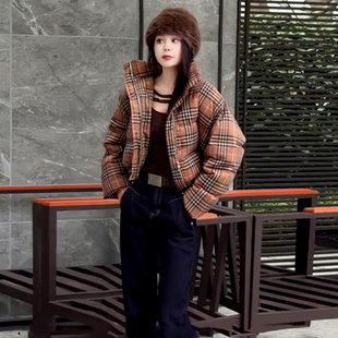冬季新款韩版格子小个子面包服时尚立领外套2025年加厚短款棉服女