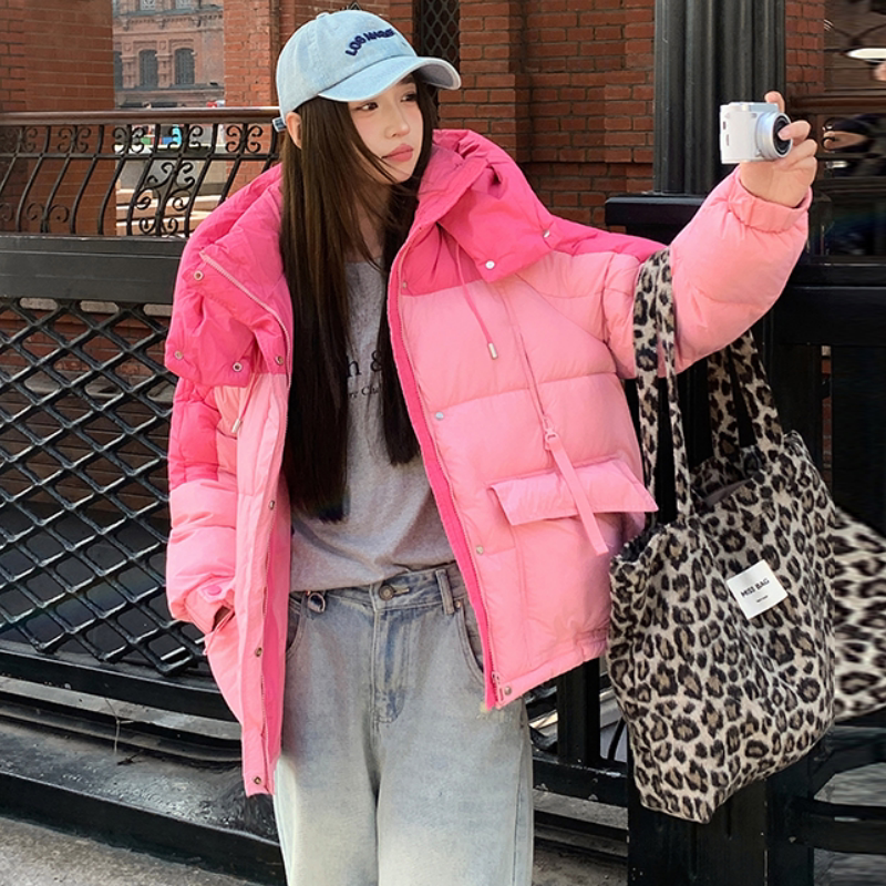 2025年冬季新款中长款棉服女时尚休闲显瘦蓬松韩系拼色加厚外套