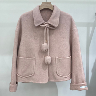 粉色短款双面羊绒大衣女2025秋季新款韩系甜美小个子系带毛呢外套