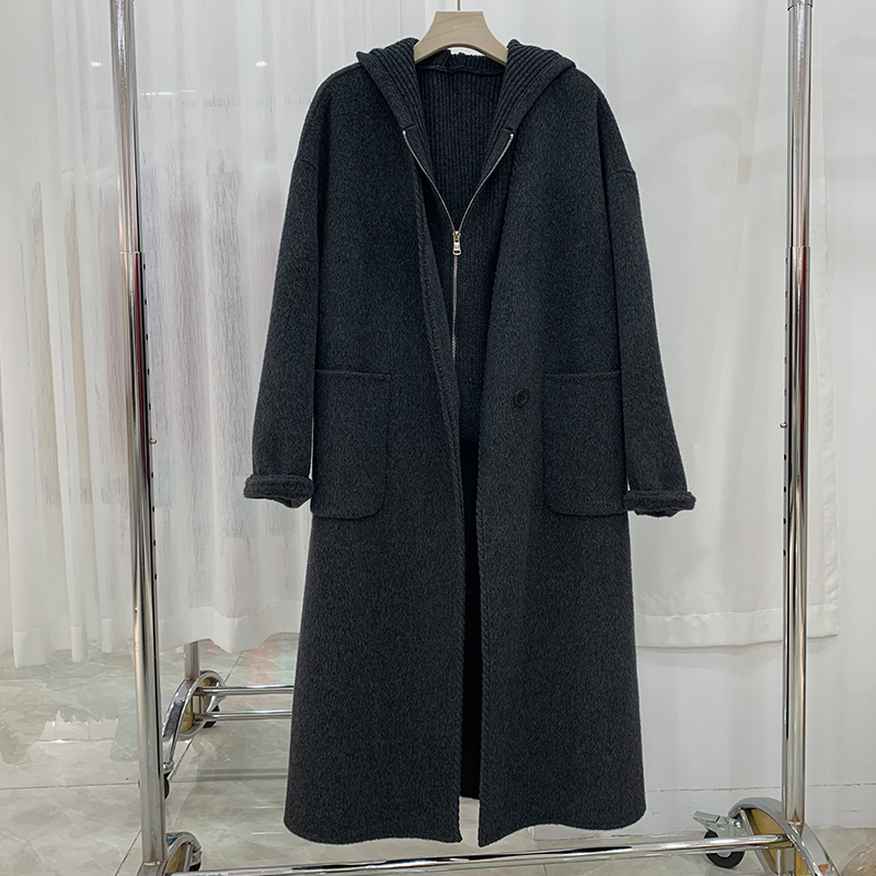 极简风双面羊绒大衣女中长款韩版连帽针织马甲两件套羊毛呢子外套
