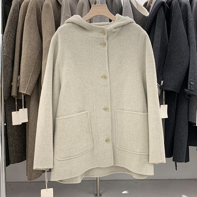 韩系连帽双面羊绒大衣女小个子2024秋冬学院风宽松斗篷羊毛呢外套