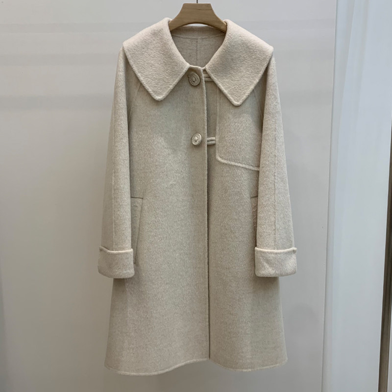 新款娃娃领双面羊绒大衣女小个子中长款秋冬百搭减龄绵羊毛呢外套