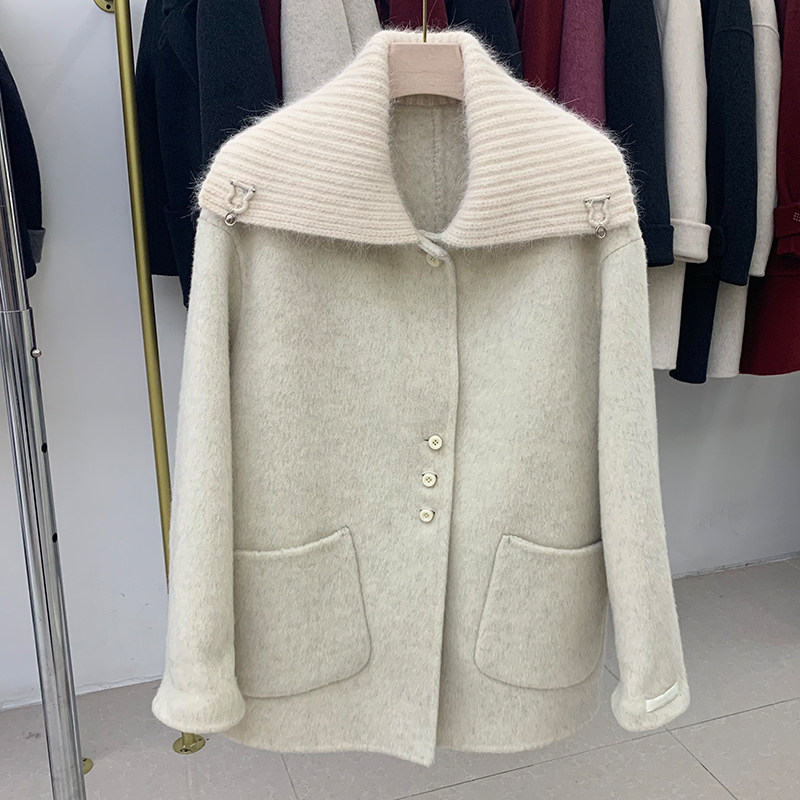 高级感显瘦双面羊绒大衣女秋冬2025新款针织领小个子羊毛呢子外套