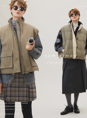 sam simon/Double face精致格纹拼色鹅绒廓形背心马甲