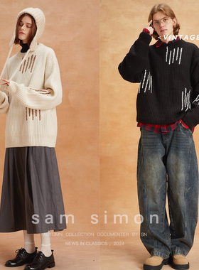sam simon/高克重复古摩登手工勾针工艺全羊毛毛衣套头衫男女同款