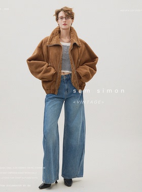 sam simon/中古风 冬日暖阳弯刀廓形袖羊毛颗粒云朵箱型外套女