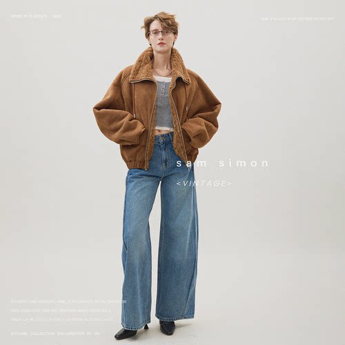 sam simon/中古风 冬日暖阳弯刀廓形袖羊毛颗粒云朵箱型外套女