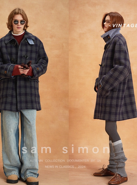sam simon/冬季新品复古牛角扣宽松版羊毛羊驼大衣短外套男女同款