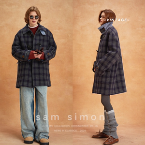 sam simon/冬季新品复古牛角扣宽松版羊毛羊驼大衣短外套男女同款