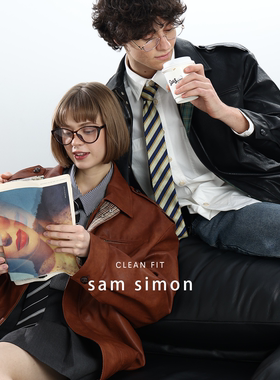 【四折不退换】sam simon春季环保pu复古油蜡皮情侣夹克皮衣外套