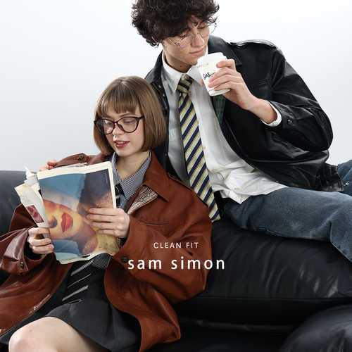 【四折不退换】sam simon春季环保pu复古油蜡皮情侣夹克皮衣外套