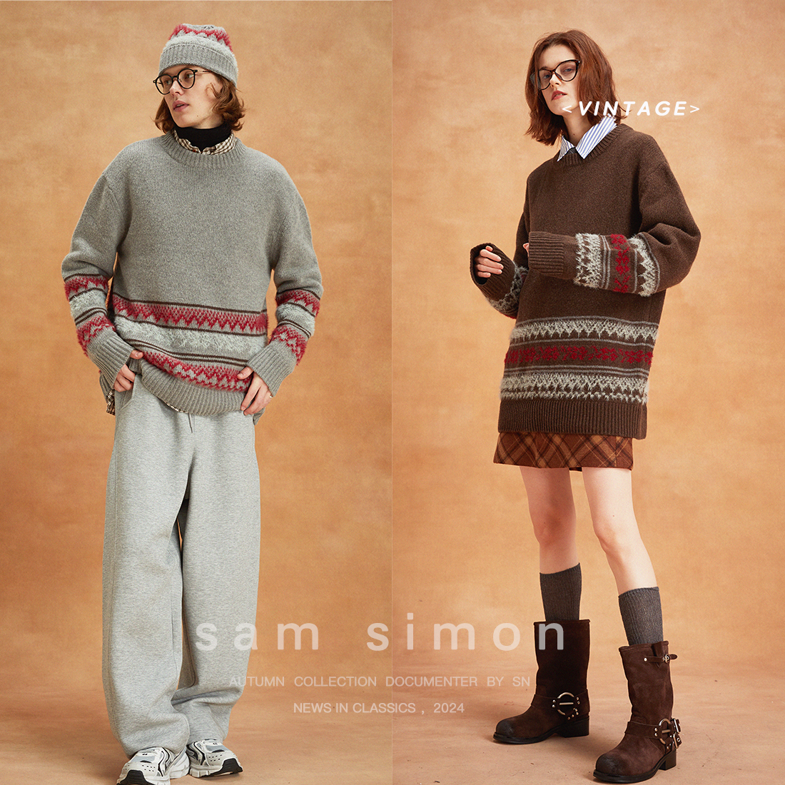 sam simon/节日限定雪花图案羊毛混纺拉毛毛衣帽子套装男女同款