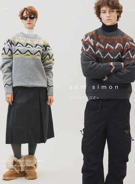 sam simon/冬日氛围1oo羊毛软糯立体冰岛图案花形毛衣男女同款