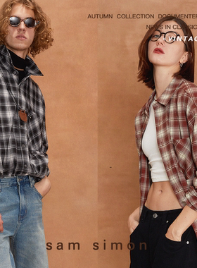 sam simon/秋冬经典双色交织磨毛大格纹拼接设计衬衫外套男女款