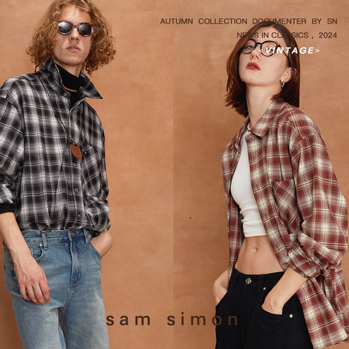sam simon/秋冬经典双色交织磨毛大格纹拼接设计衬衫外套男女款