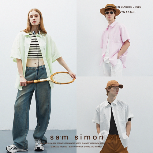 sam simon/夏季复古肌理微皱‘鸡爪纹’翻领廓形短袖衬衫男女同款