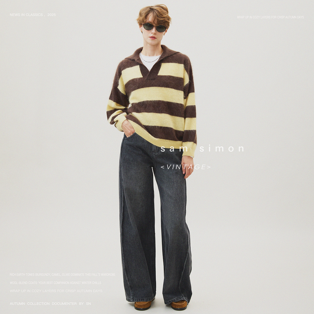 sam simon/云感起绒水洗拉全羊毛拉绒慵懒感条纹宽松翻领毛衣