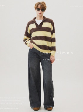 sam simon/云感起绒水洗拉全羊毛拉绒慵懒感条纹宽松翻领毛衣